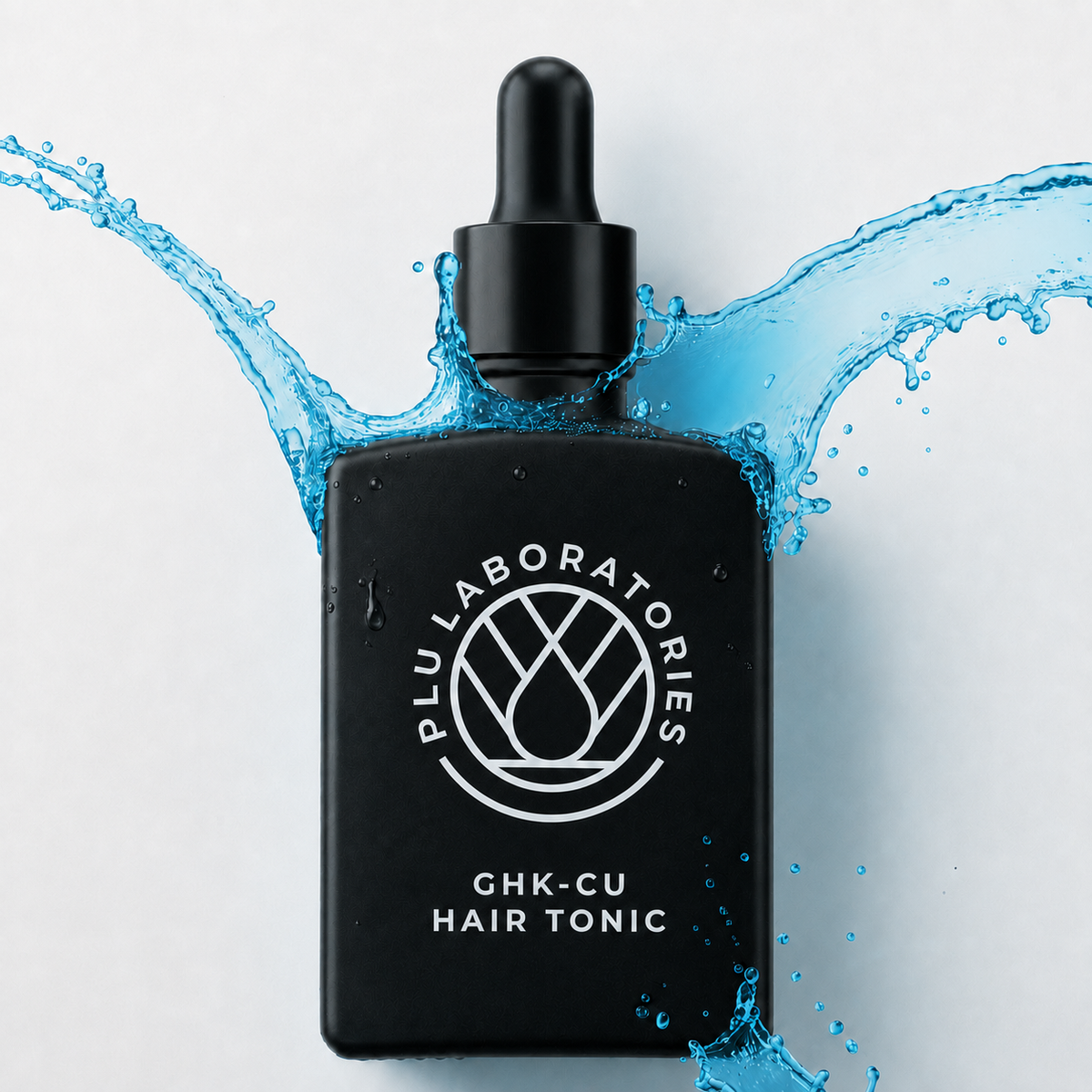 PLU Hair Tonic with Blue Liquid Background