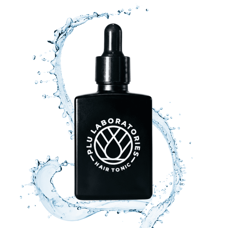 PLU Hair Tonic with Blue Liquid Background