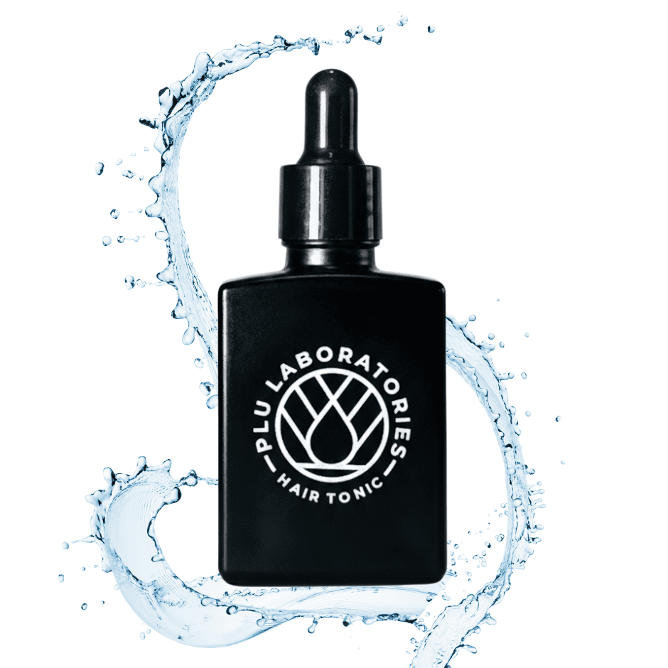 PLU Hair Tonic with Blue Liquid Background