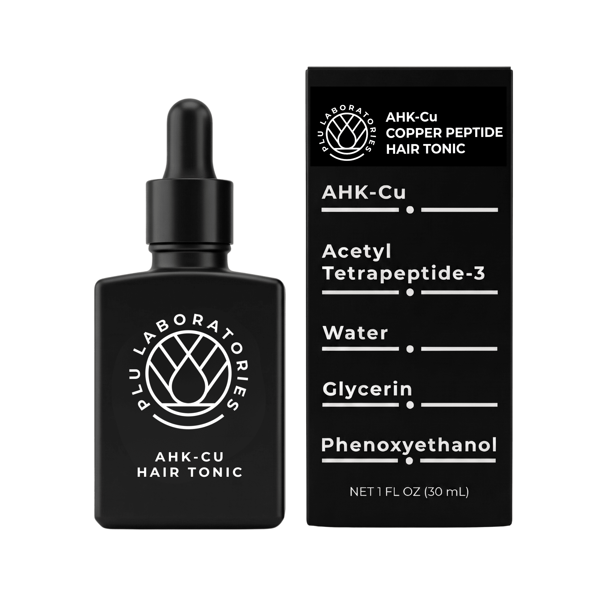 Black hair tonic bottle with dropper and its packaging on a white background