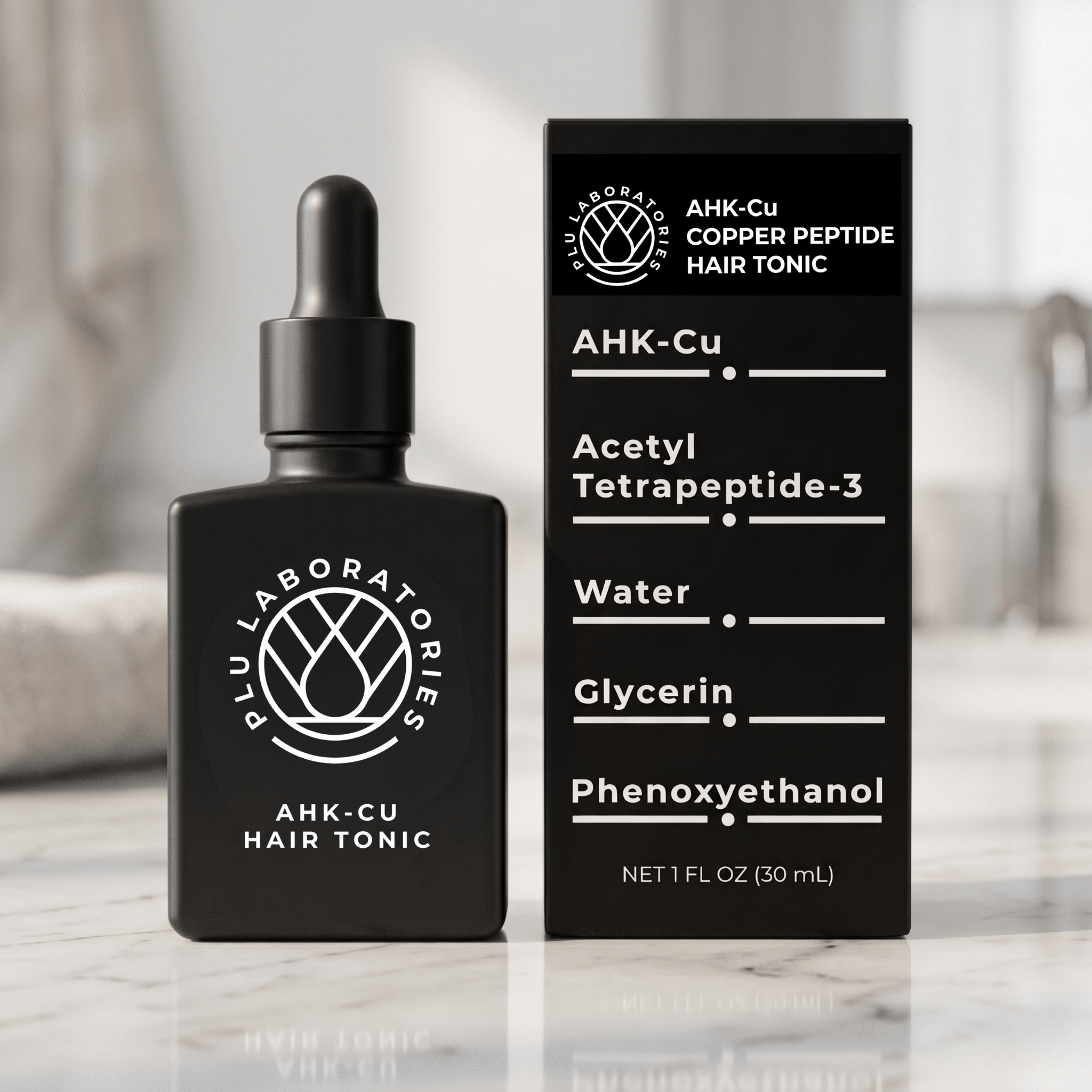 Black hair tonic bottle and packaging with PLU Laboratories branding on a neutral background.